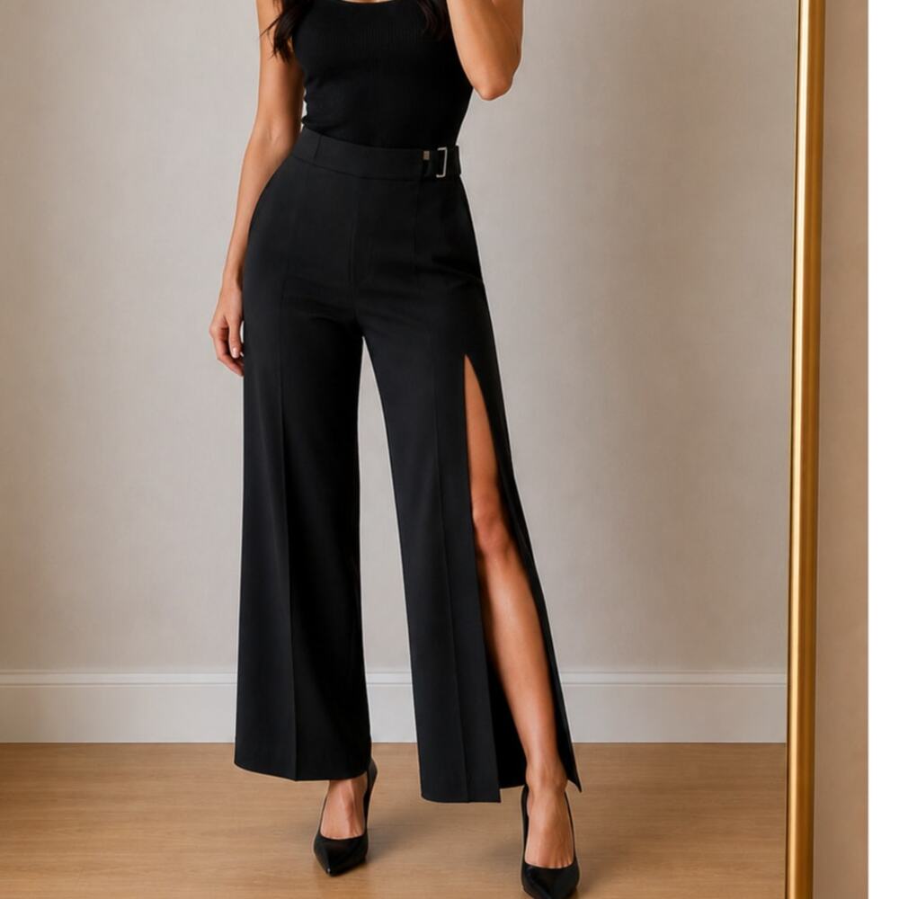 Cache🌿Black Wide Leg Slit Dress Pants Women’s SZ 4 Side Buckle Career Pants USA